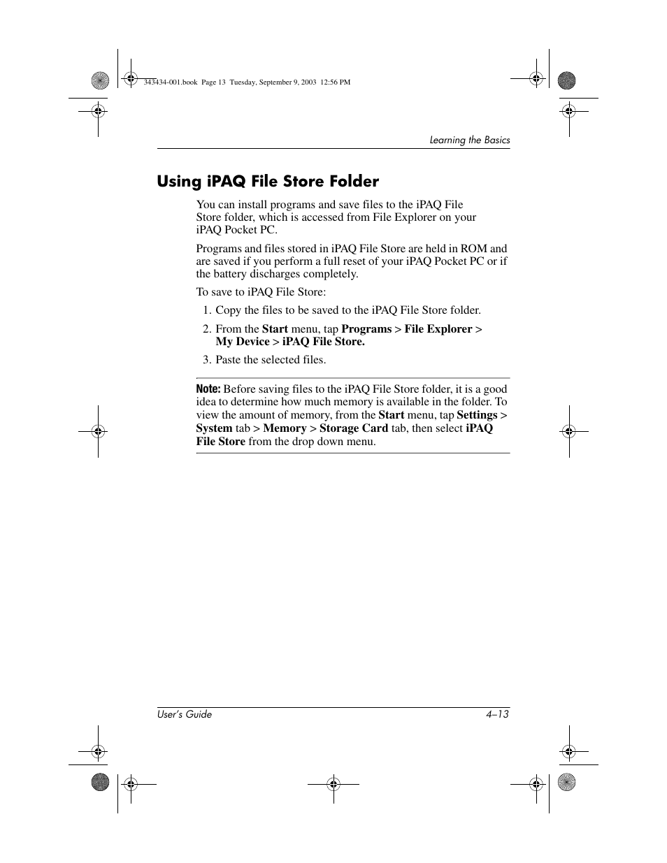 Using ipaq file store folder, Using ipaq file store folder –13 | HP h4000 Series User Manual | Page 53 / 143