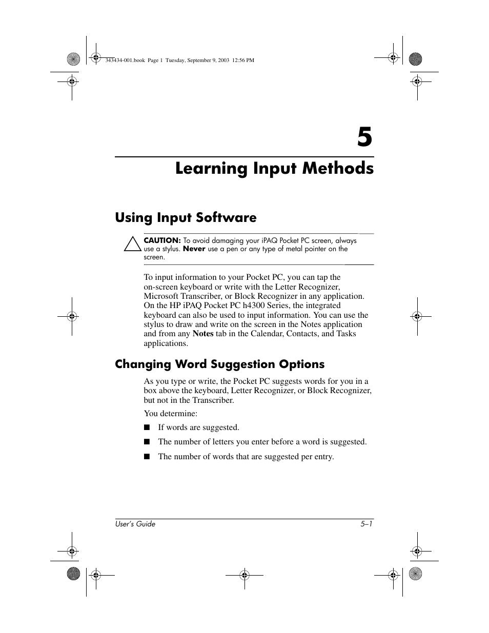Learning input methods, Using input software, Changing word suggestion options | 5 learning input methods, Using input software –1, Changing word suggestion options –1 | HP h4000 Series User Manual | Page 54 / 143