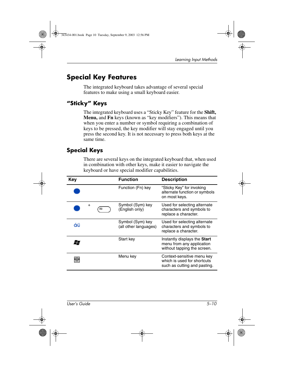 Special key features, Sticky” keys, Special keys | Special key features –10 | HP h4000 Series User Manual | Page 63 / 143