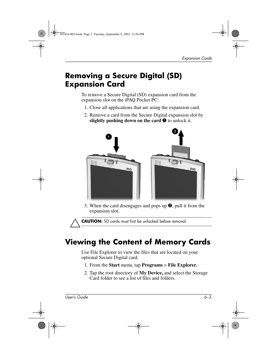 Removing a secure digital (sd) expansion card, Viewing the content of memory cards | HP h4000 Series User Manual | Page 73 / 143