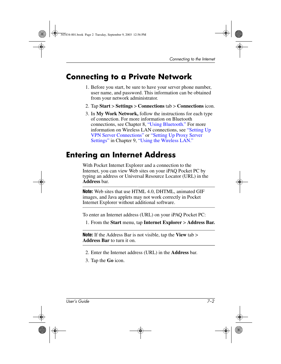 Connecting to a private network, Entering an internet address | HP h4000 Series User Manual | Page 75 / 143