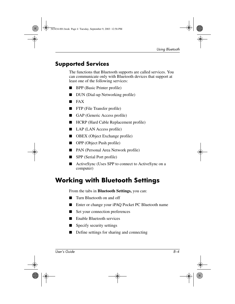 Supported services, Working with bluetooth settings, Supported services –4 | Working with bluetooth settings –4 | HP h4000 Series User Manual | Page 80 / 143