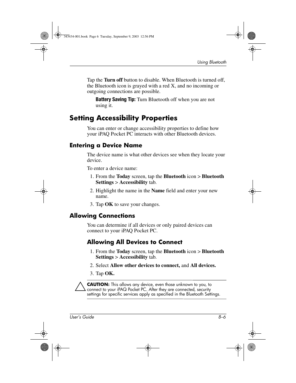 Setting accessibility properties, Entering a device name, Allowing connections | Setting accessibility properties –6 | HP h4000 Series User Manual | Page 82 / 143