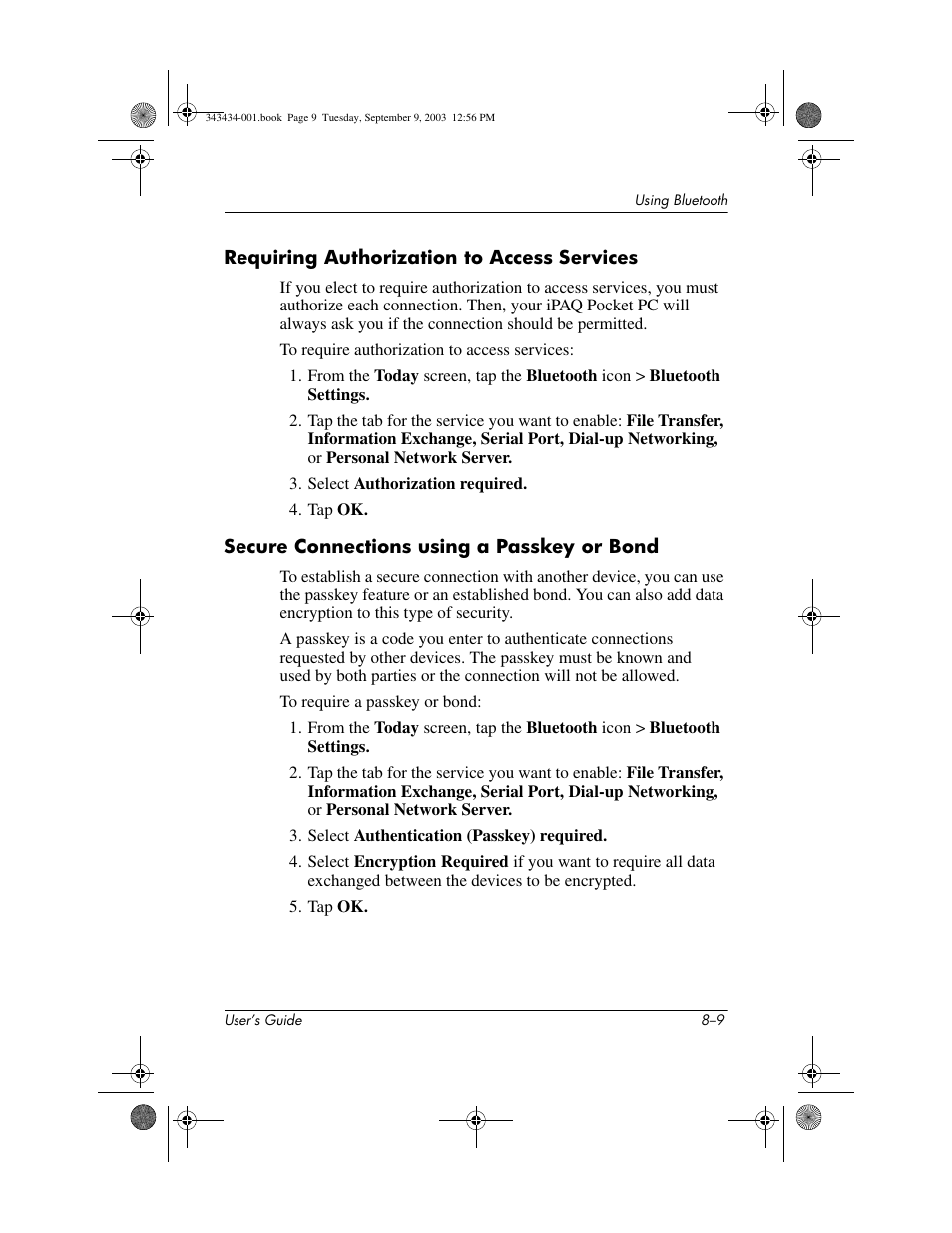 Requiring authorization to access services, Secure connections using a passkey or bond | HP h4000 Series User Manual | Page 85 / 143
