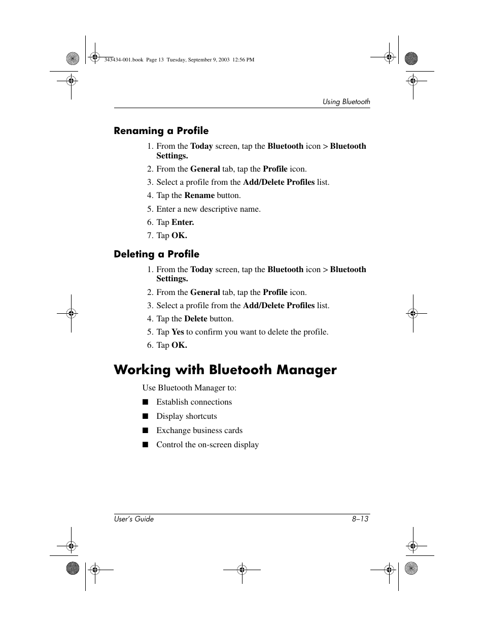 Renaming a profile, Deleting a profile, Working with bluetooth manager | Working with bluetooth manager –13 | HP h4000 Series User Manual | Page 89 / 143