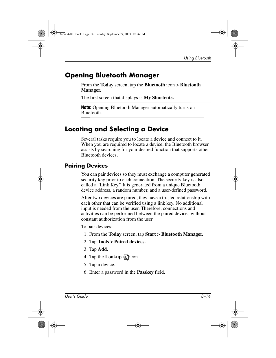 Opening bluetooth manager, Locating and selecting a device, Pairing devices | HP h4000 Series User Manual | Page 90 / 143