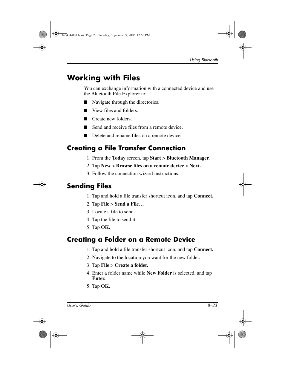 Working with files, Creating a file transfer connection, Sending files | Creating a folder on a remote device, Working with files –23 | HP h4000 Series User Manual | Page 99 / 143