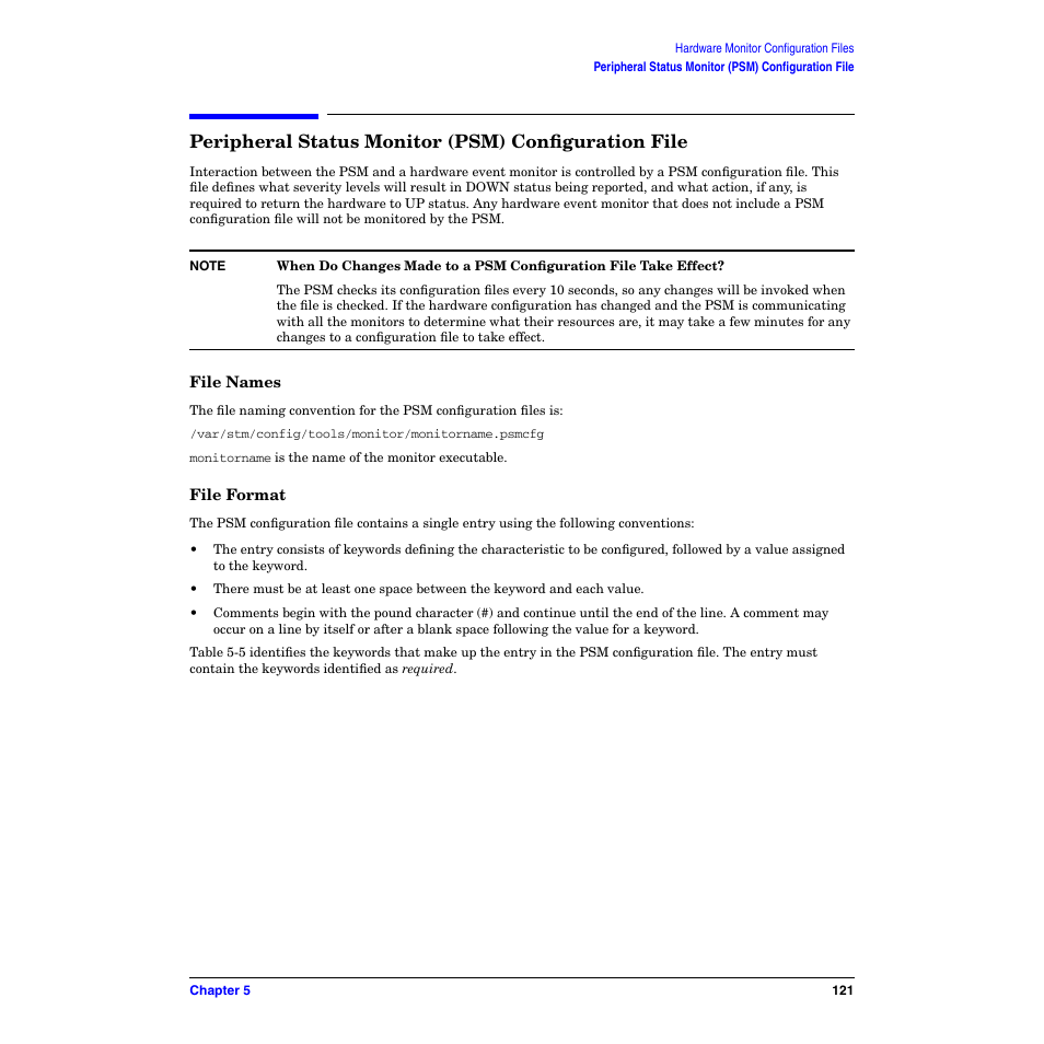 Peripheral status monitor (psm) configuration file, File names, File format | File names file format | HP B6191-90029 User Manual | Page 121 / 140