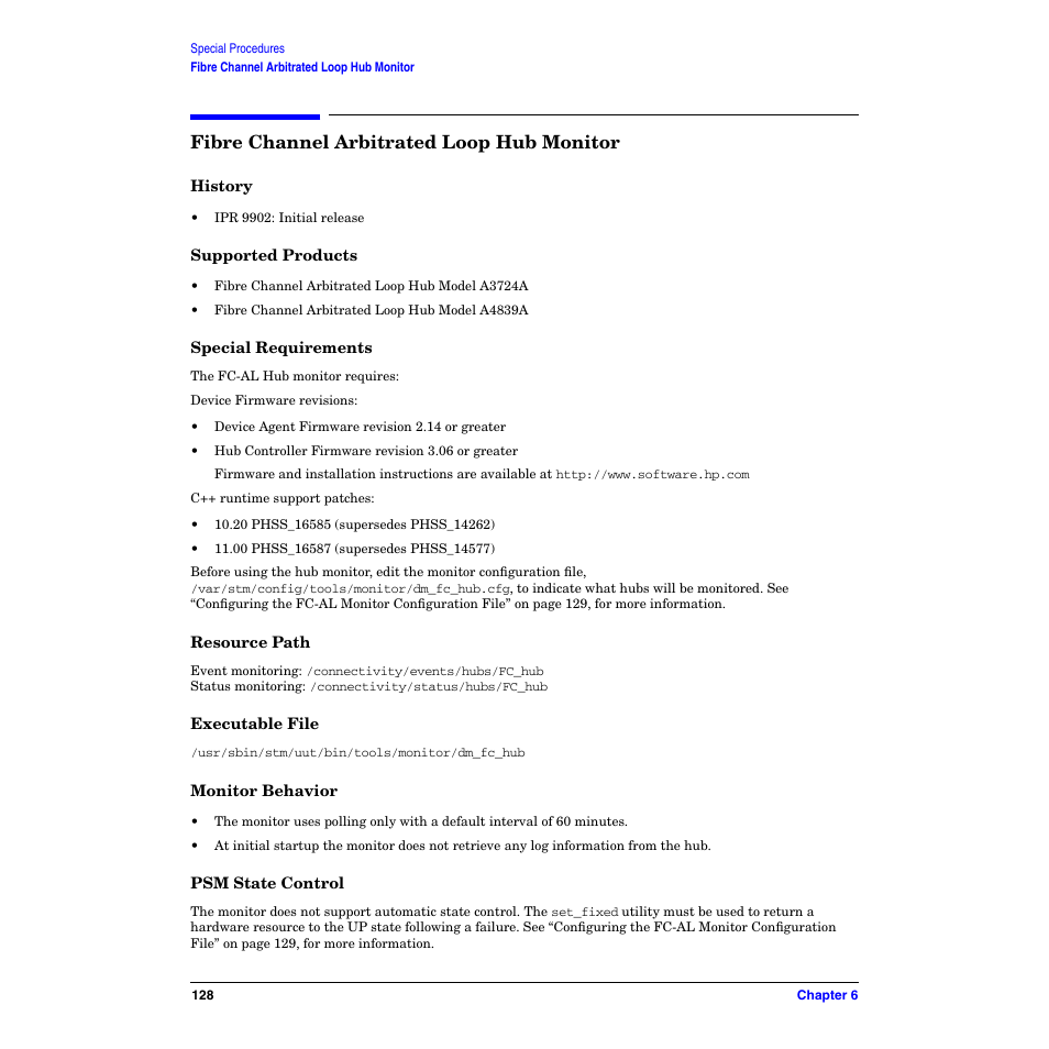 Fibre channel arbitrated loop hub monitor, History, Supported products | Special requirements, Resource path, Executable file, Monitor behavior, Psm state control | HP B6191-90029 User Manual | Page 128 / 140
