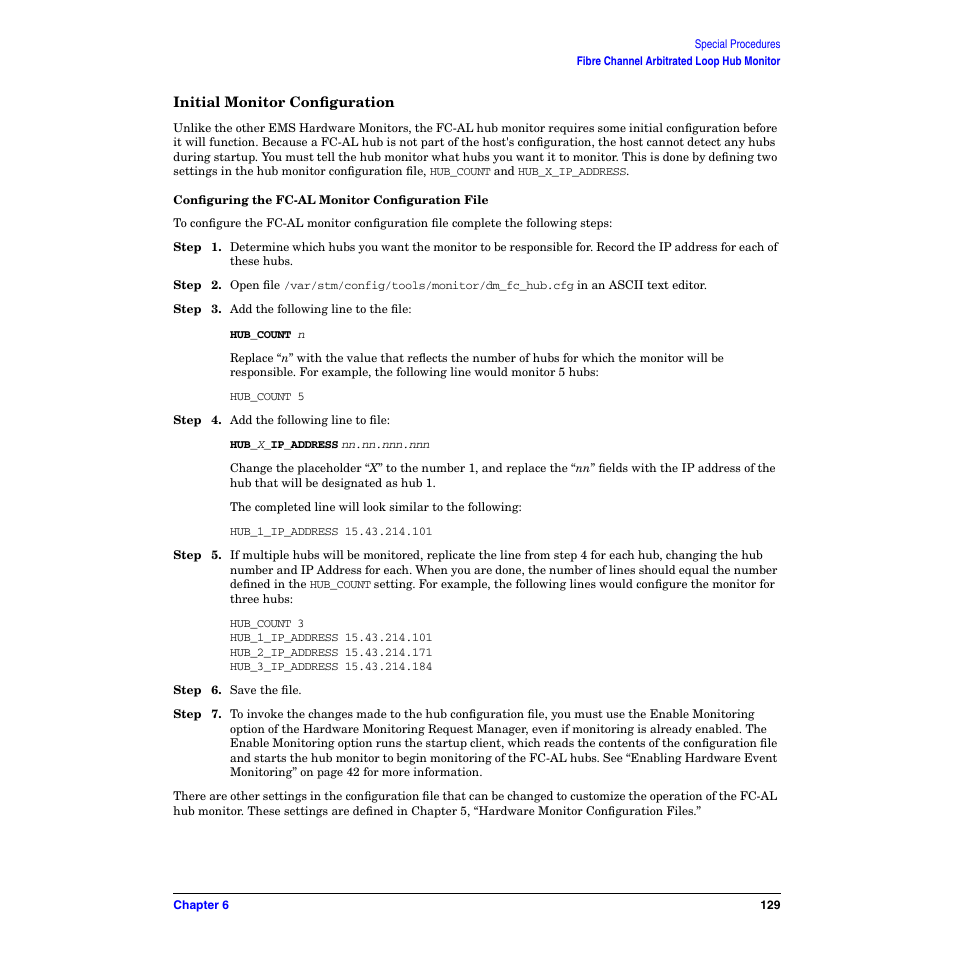 Initial monitor configuration, Configuring the fc-al monitor configuration file | HP B6191-90029 User Manual | Page 129 / 140