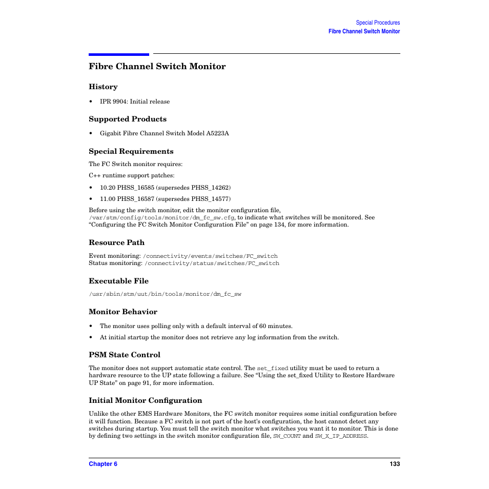 Fibre channel switch monitor, History, Supported products | Special requirements, Resource path, Executable file, Monitor behavior, Psm state control, Initial monitor configuration | HP B6191-90029 User Manual | Page 133 / 140