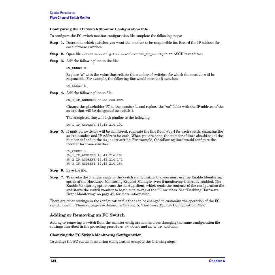 Adding or removing an fc switch, Changing the fc switch monitoring configuration | HP B6191-90029 User Manual | Page 134 / 140