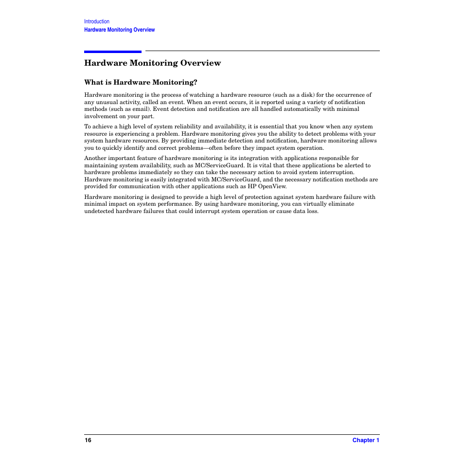 Hardware monitoring overview, What is hardware monitoring | HP B6191-90029 User Manual | Page 16 / 140