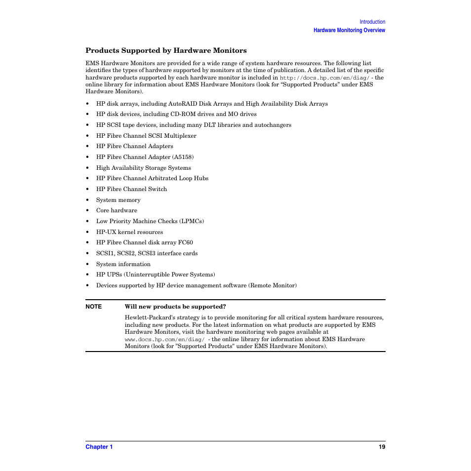 Products supported by hardware monitors | HP B6191-90029 User Manual | Page 19 / 140
