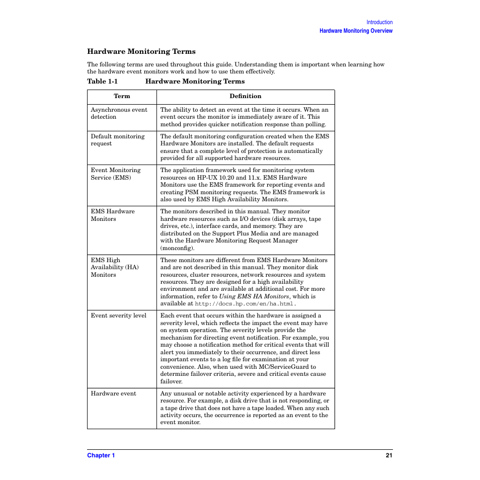 Hardware monitoring terms, Table 1-1. hardware monitoring terms | HP B6191-90029 User Manual | Page 21 / 140