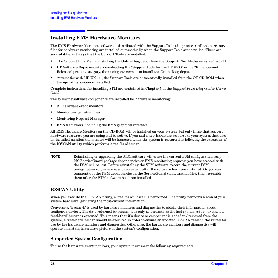 Installing ems hardware monitors, Ioscan utility, Supported system configuration | Ioscan utility supported system configuration | HP B6191-90029 User Manual | Page 28 / 140