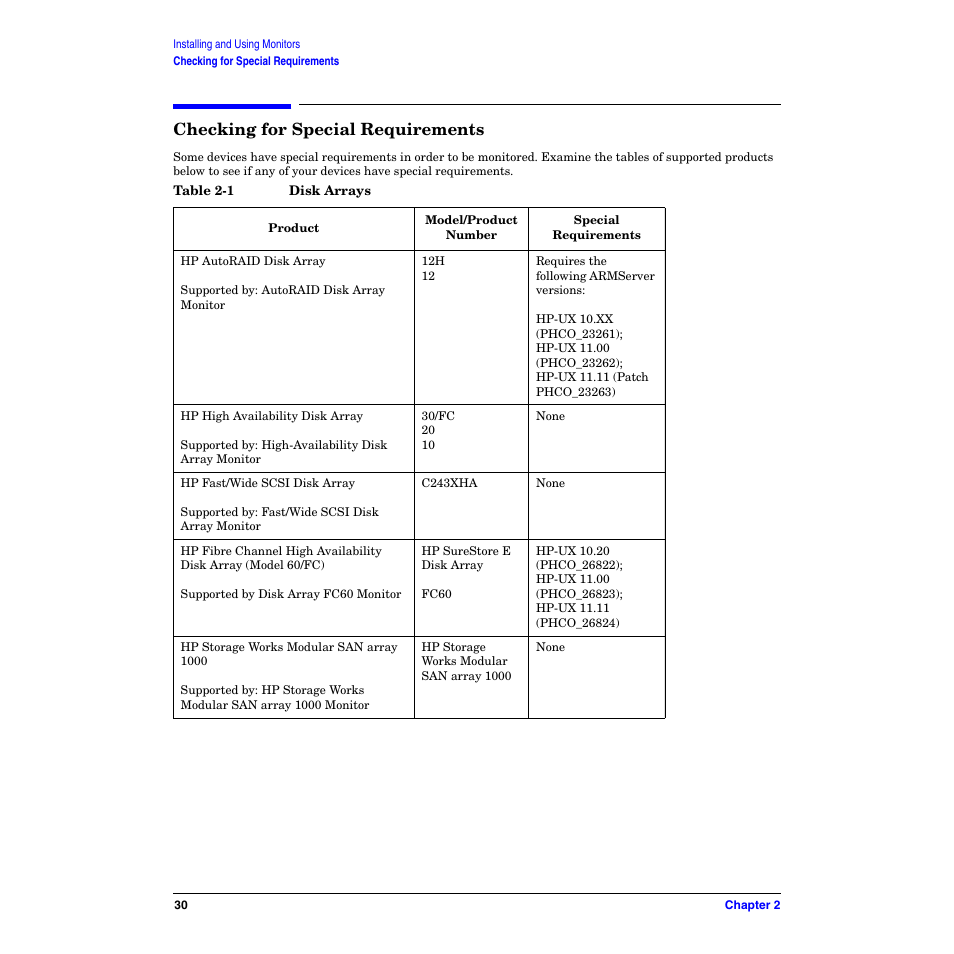 Checking for special requirements, Table 2-1. disk arrays | HP B6191-90029 User Manual | Page 30 / 140
