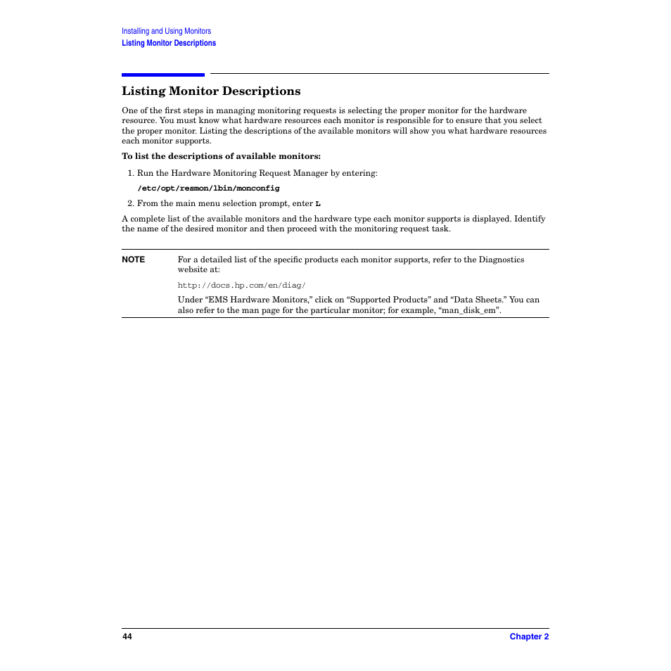 Listing monitor descriptions | HP B6191-90029 User Manual | Page 44 / 140