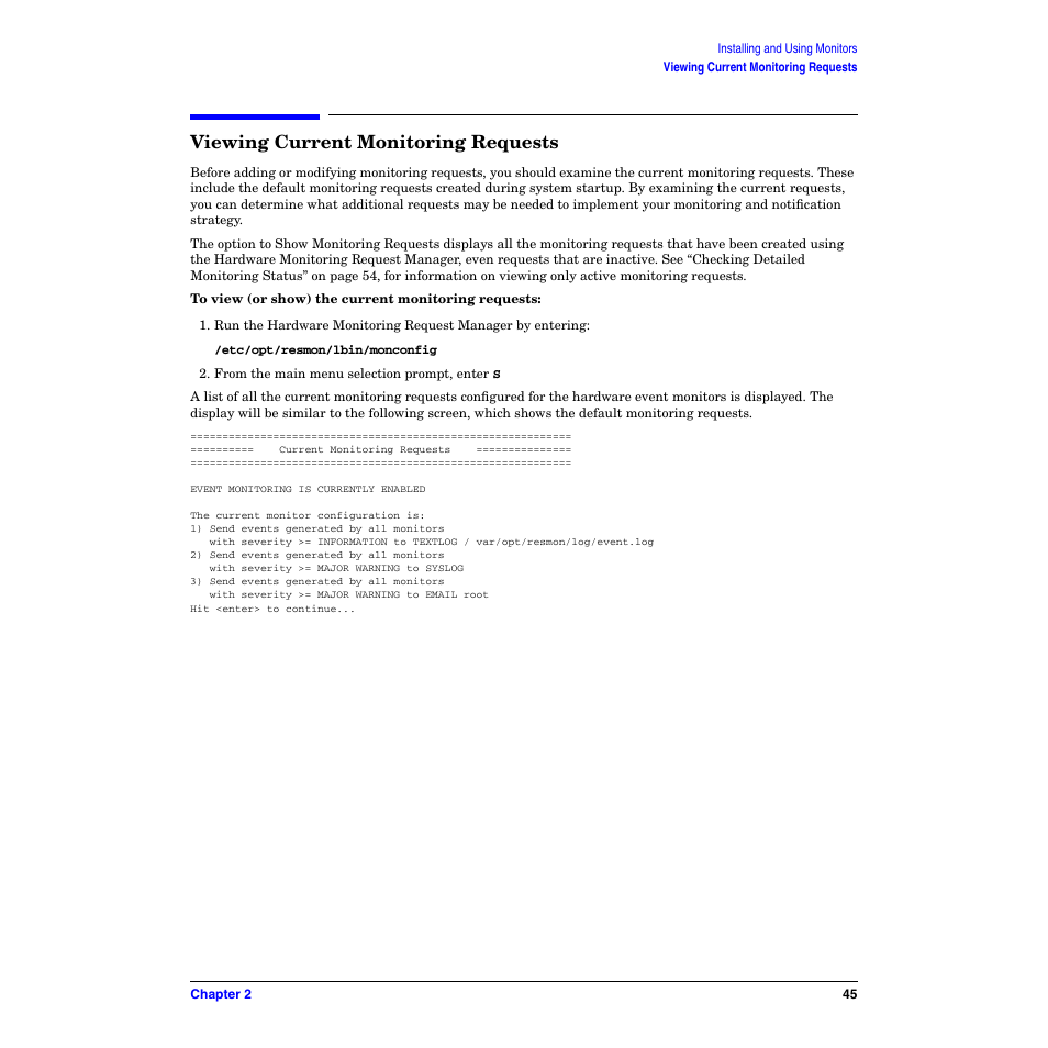 Viewing current monitoring requests | HP B6191-90029 User Manual | Page 45 / 140