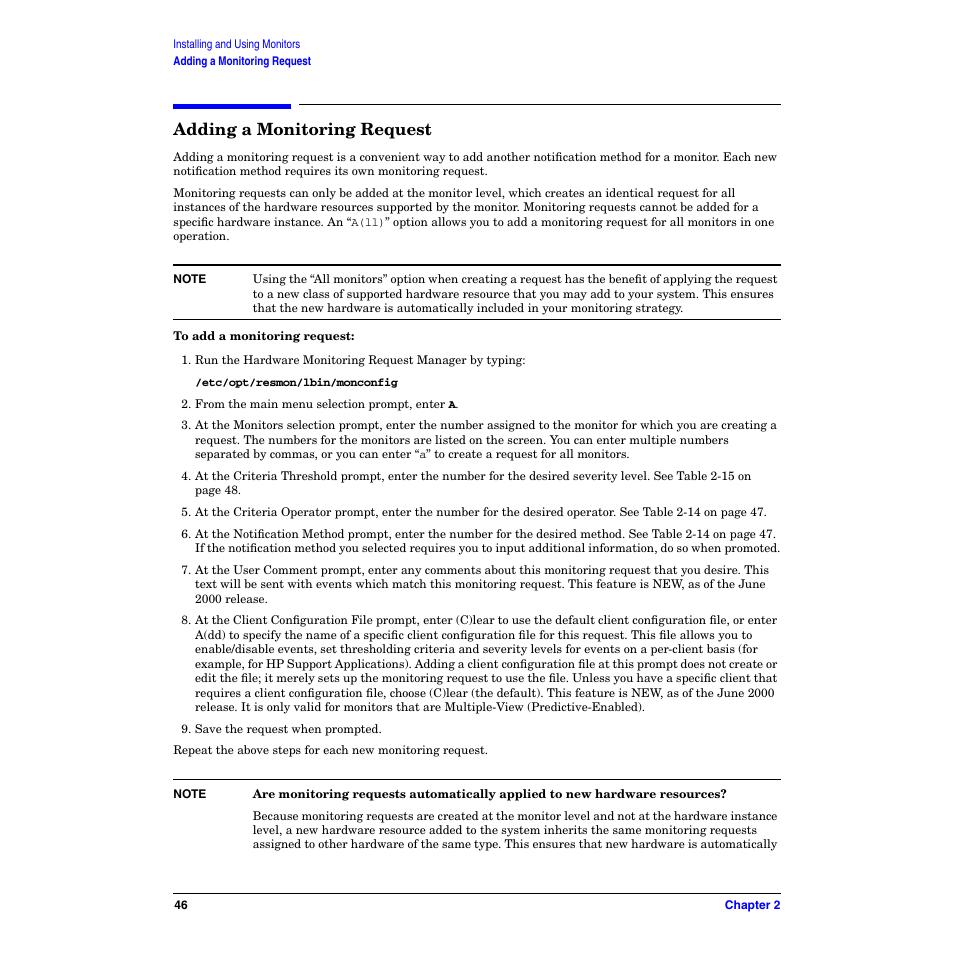 Adding a monitoring request | HP B6191-90029 User Manual | Page 46 / 140