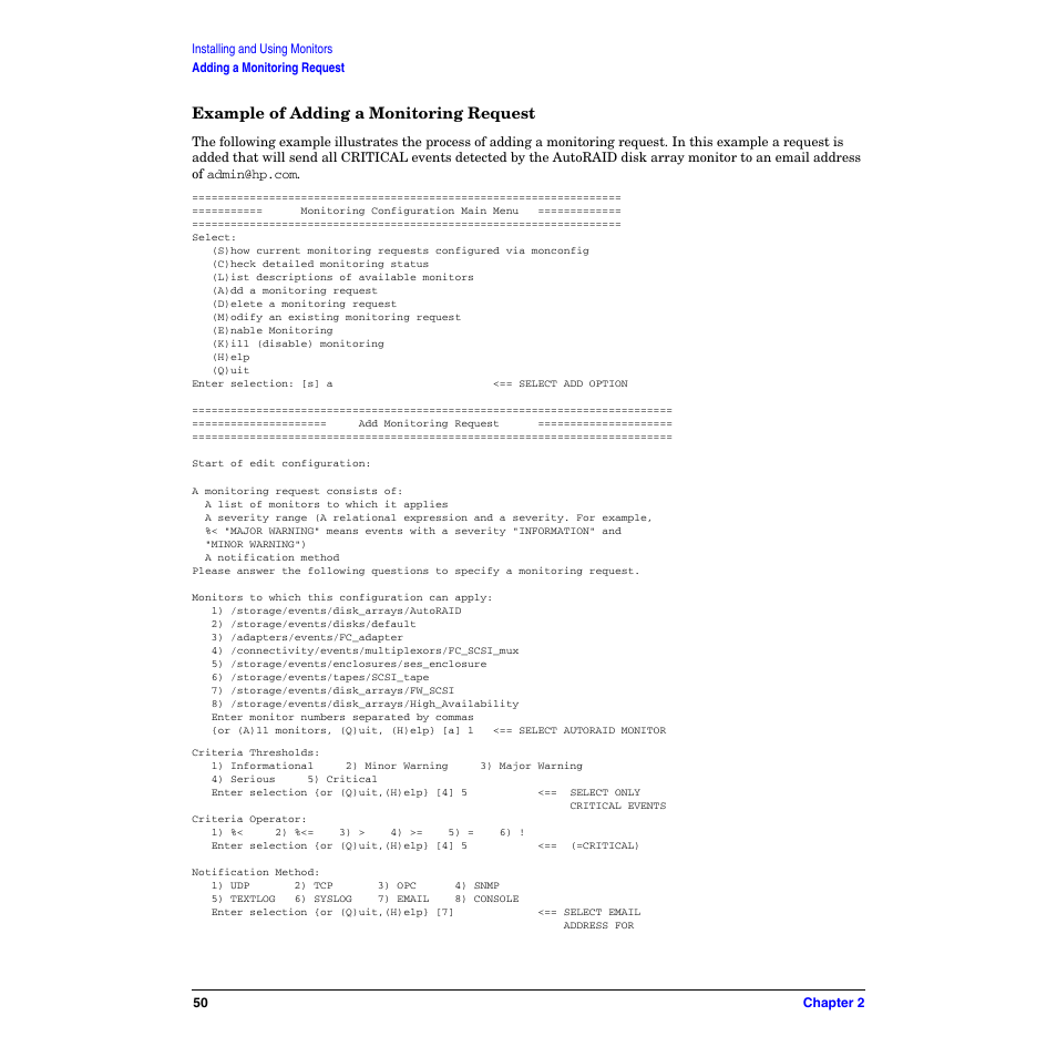 Example of adding a monitoring request | HP B6191-90029 User Manual | Page 50 / 140