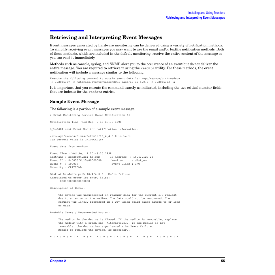Retrieving and interpreting event messages, Sample event message | HP B6191-90029 User Manual | Page 55 / 140