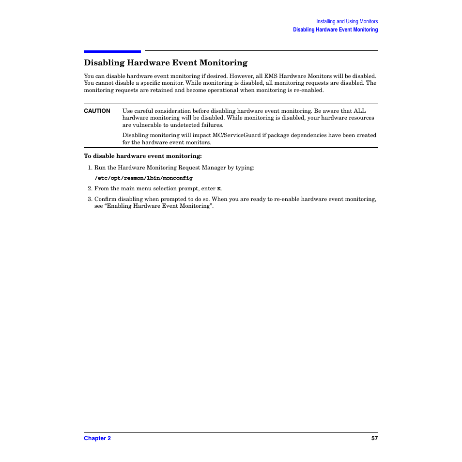 Disabling hardware event monitoring | HP B6191-90029 User Manual | Page 57 / 140