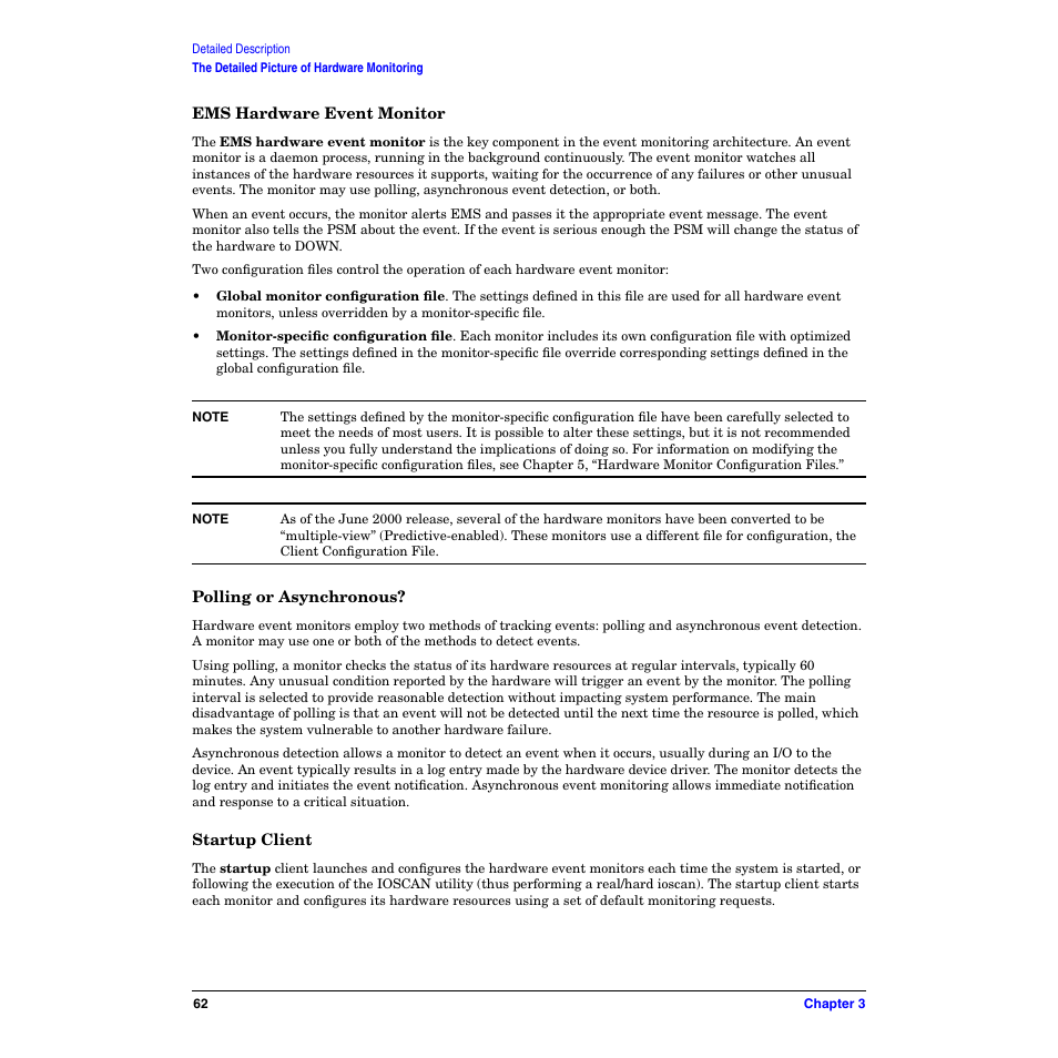 Ems hardware event monitor, Polling or asynchronous, Startup client | HP B6191-90029 User Manual | Page 62 / 140