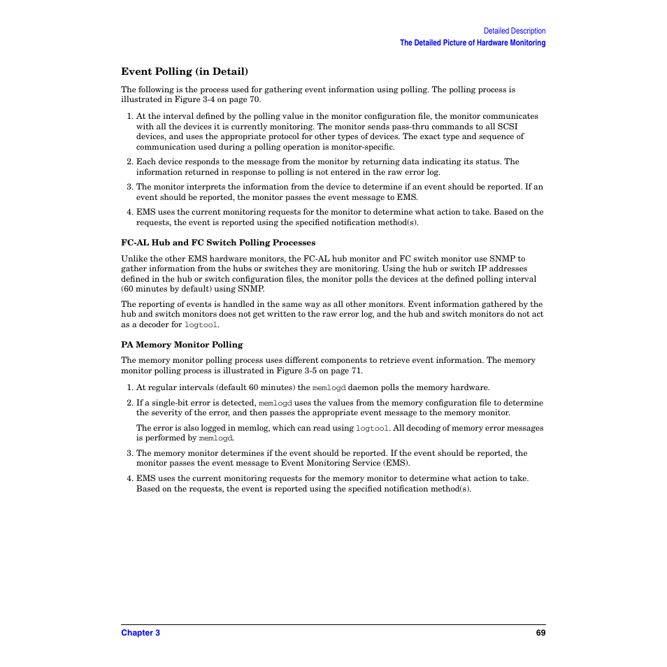 Event polling (in detail), Fc-al hub and fc switch polling processes, Pa memory monitor polling | HP B6191-90029 User Manual | Page 69 / 140