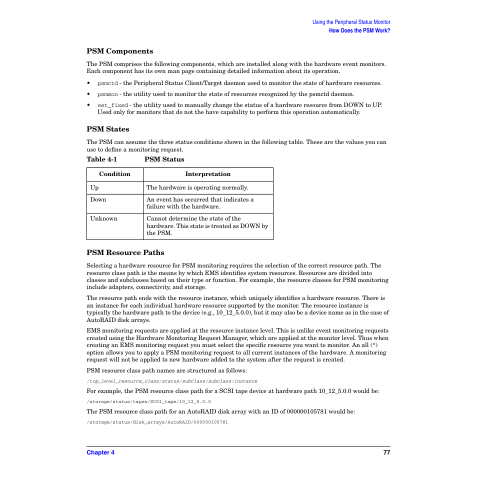 Psm components, Psm states, Psm resource paths | Psm components psm states psm resource paths, Table 4-1. psm status | HP B6191-90029 User Manual | Page 77 / 140