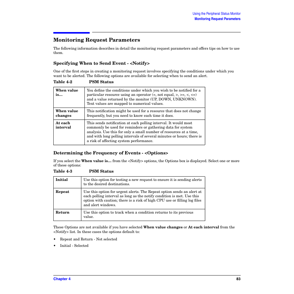 Monitoring request parameters, Specifying when to send event - <notify, Determining the frequency of events - <options | Table 4-2. psm status table 4-3. psm status | HP B6191-90029 User Manual | Page 83 / 140