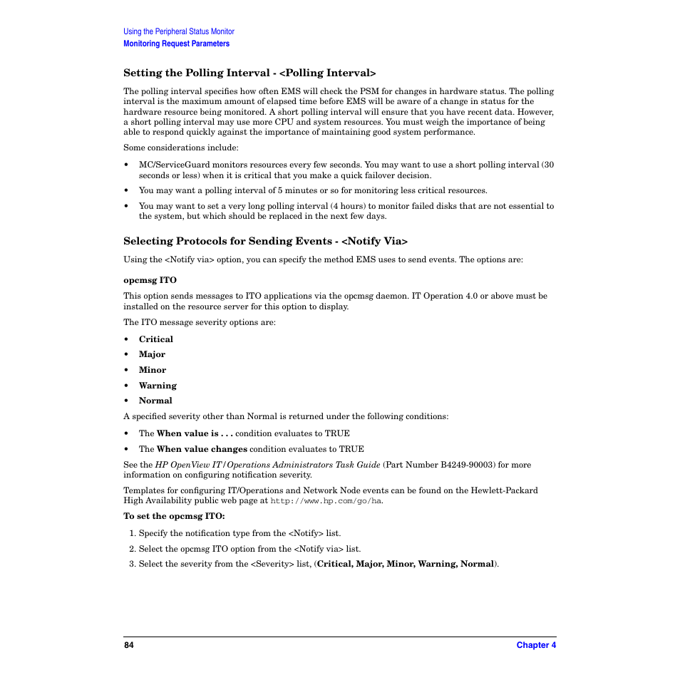 Setting the polling interval - <polling interval, Opcmsg ito | HP B6191-90029 User Manual | Page 84 / 140