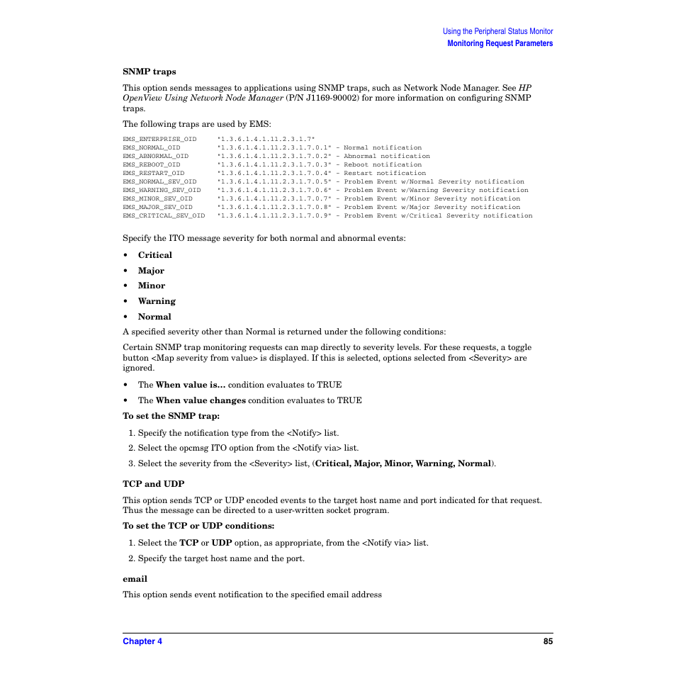 Snmp traps, Tcp and udp, Email | HP B6191-90029 User Manual | Page 85 / 140