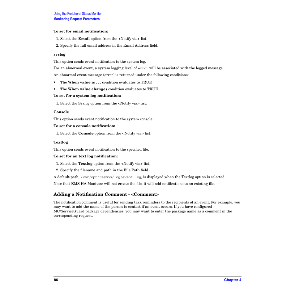 Syslog, Console, Textlog | Adding a notification comment - <comment | HP B6191-90029 User Manual | Page 86 / 140