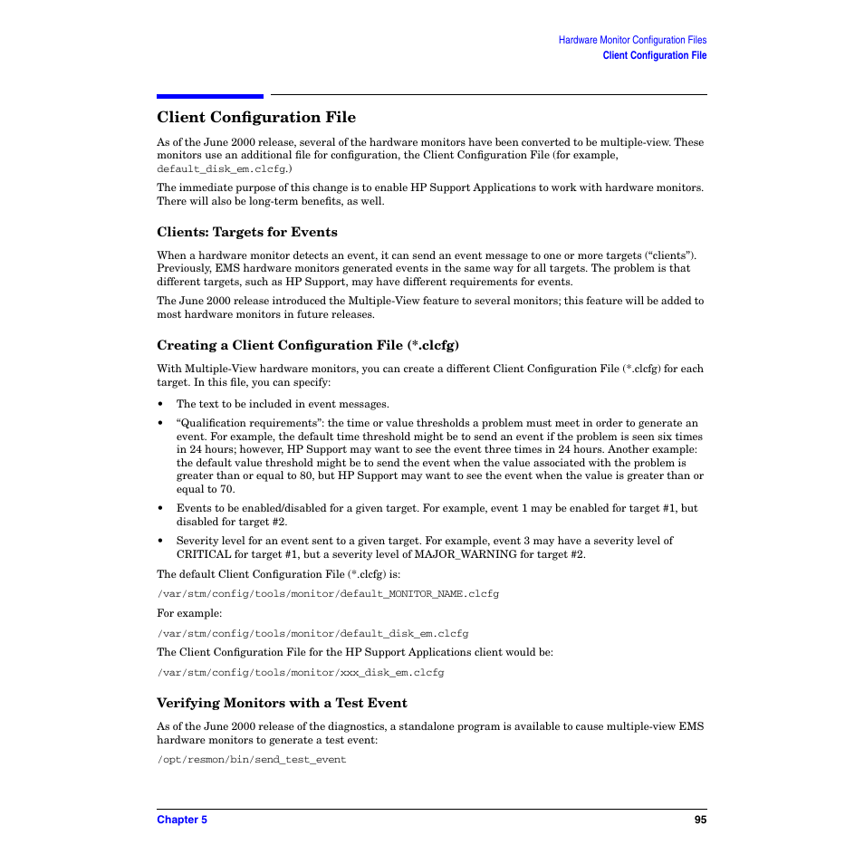 Client configuration file, Clients: targets for events, Creating a client configuration file (*.clcfg) | Verifying monitors with a test event | HP B6191-90029 User Manual | Page 95 / 140