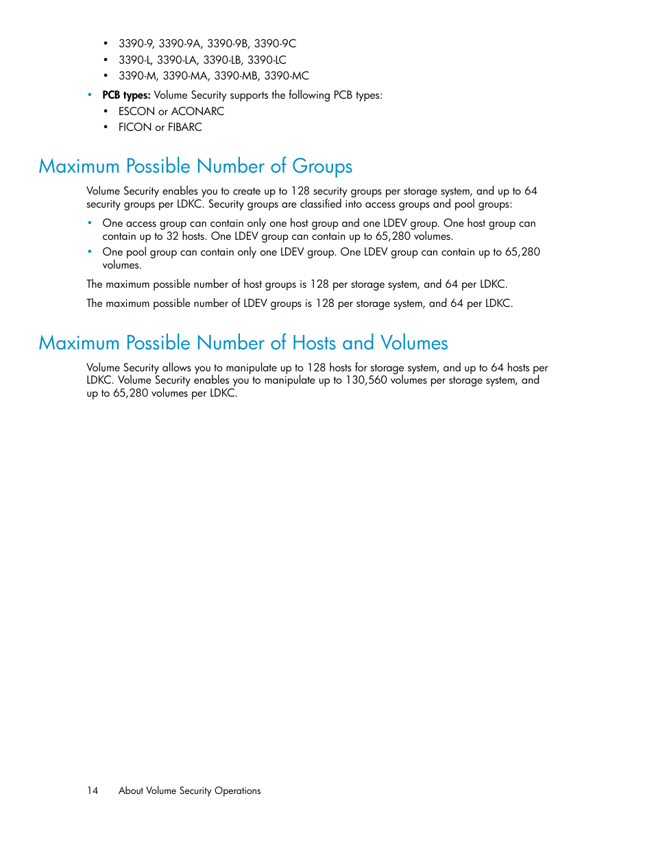 Maximum possible number of groups, Maximum possible number of hosts and volumes, 14 maximum possible number of hosts and volumes | HP STORAGEWORKS XP24000 User Manual | Page 14 / 76