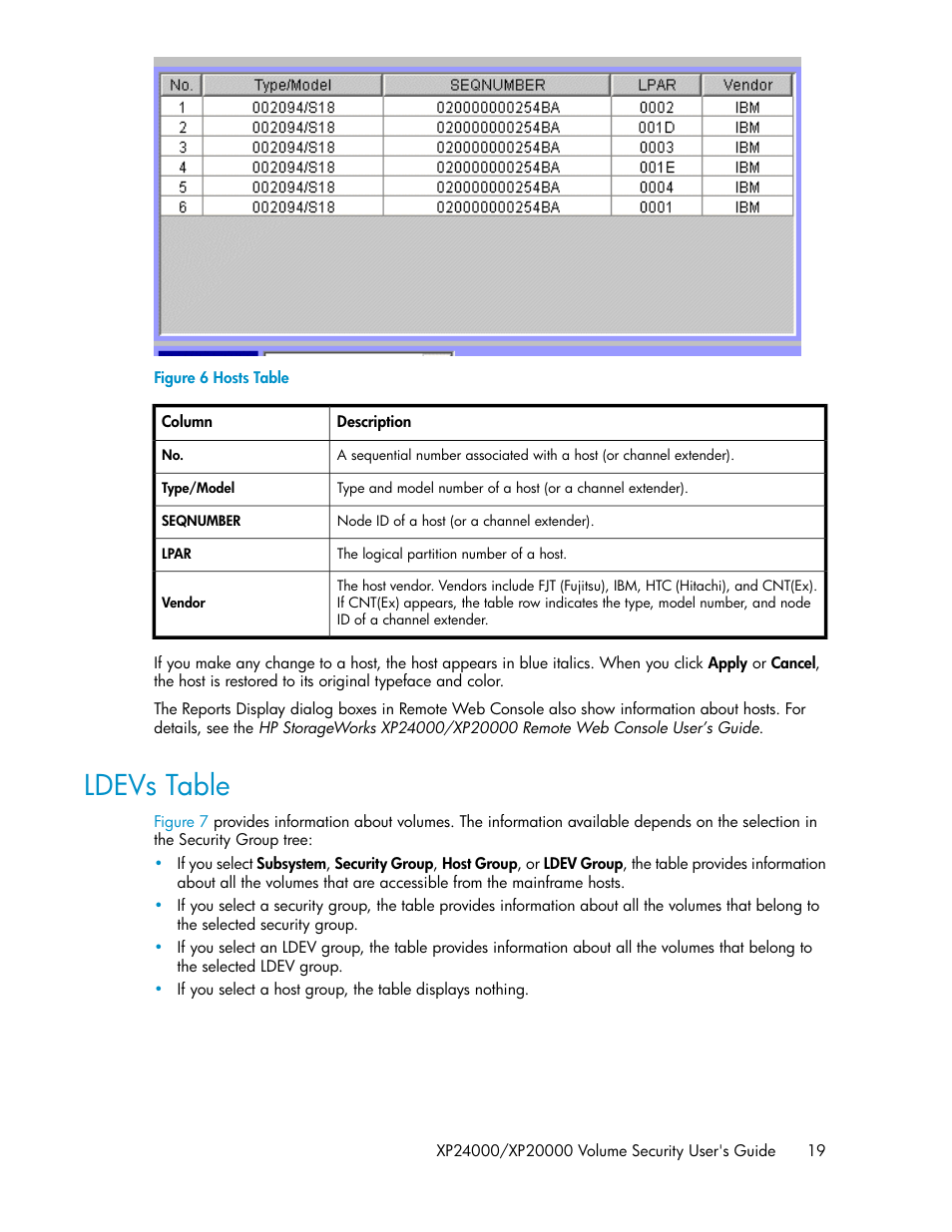 Ldevs table, Hosts table | HP STORAGEWORKS XP24000 User Manual | Page 19 / 76