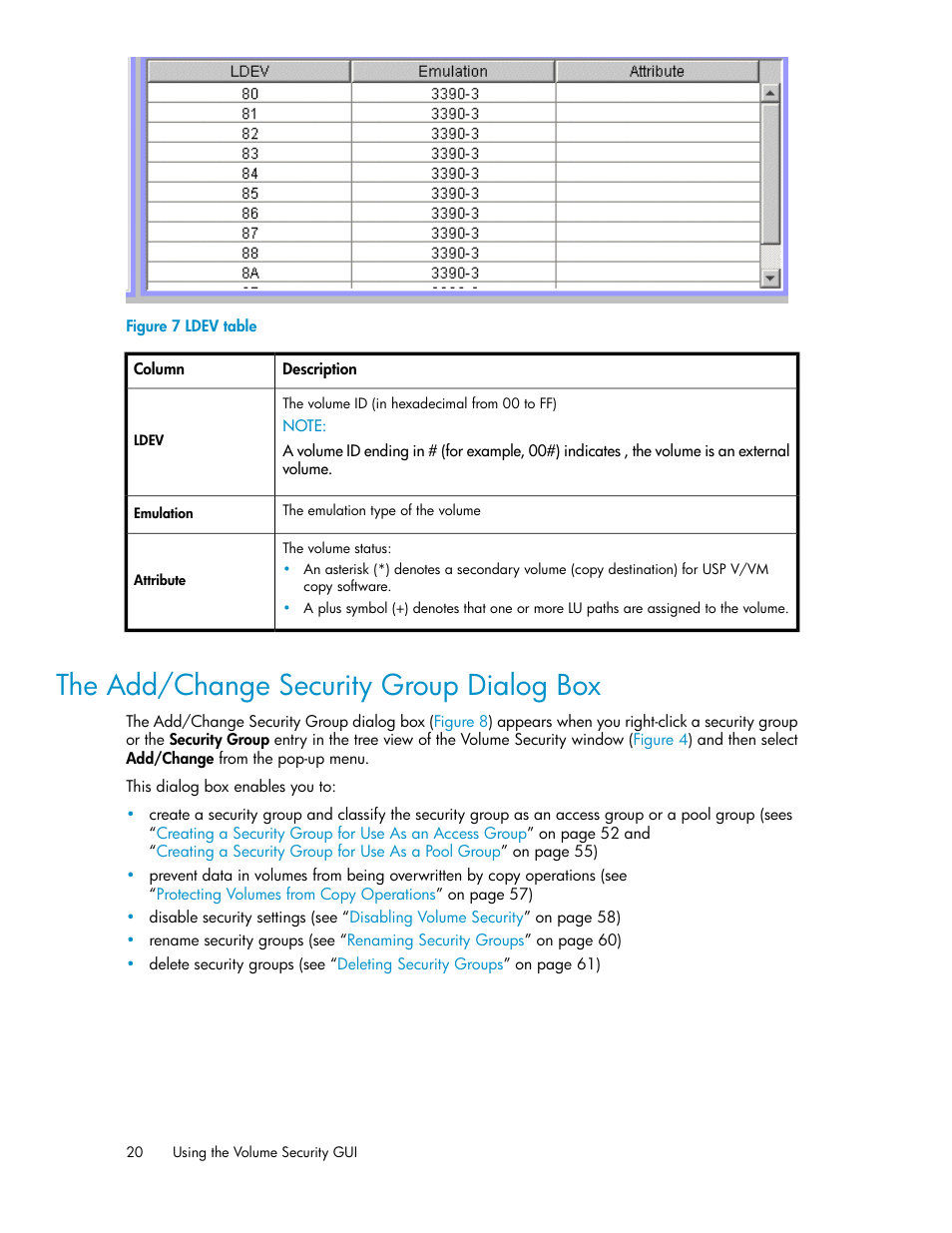 The add/change security group dialog box, Ldev table | HP STORAGEWORKS XP24000 User Manual | Page 20 / 76
