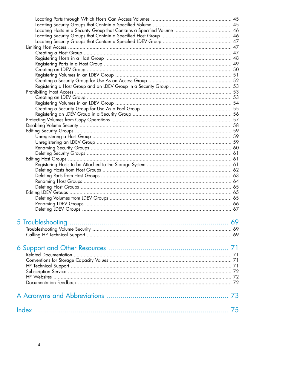 5 troubleshooting, 6 support and other resources, A acronyms and abbreviations index | HP STORAGEWORKS XP24000 User Manual | Page 4 / 76