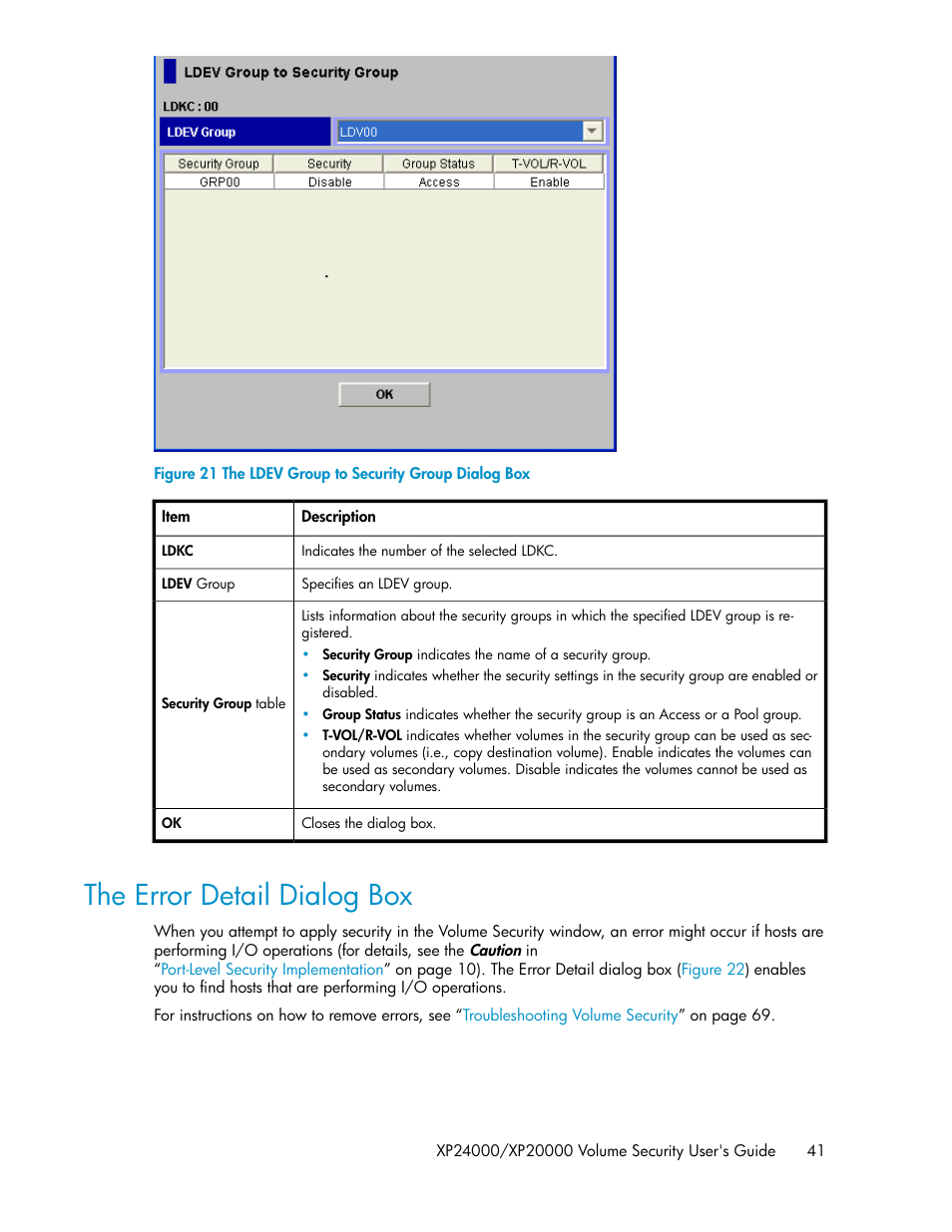 The error detail dialog box, The ldev group to security group dialog box, Figure 21 | HP STORAGEWORKS XP24000 User Manual | Page 41 / 76