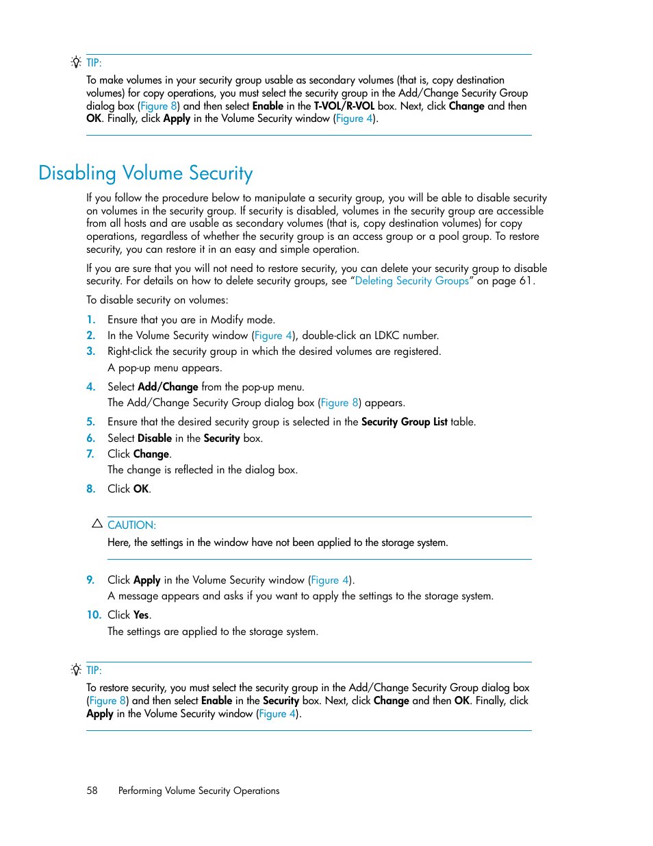 Disabling volume security | HP STORAGEWORKS XP24000 User Manual | Page 58 / 76