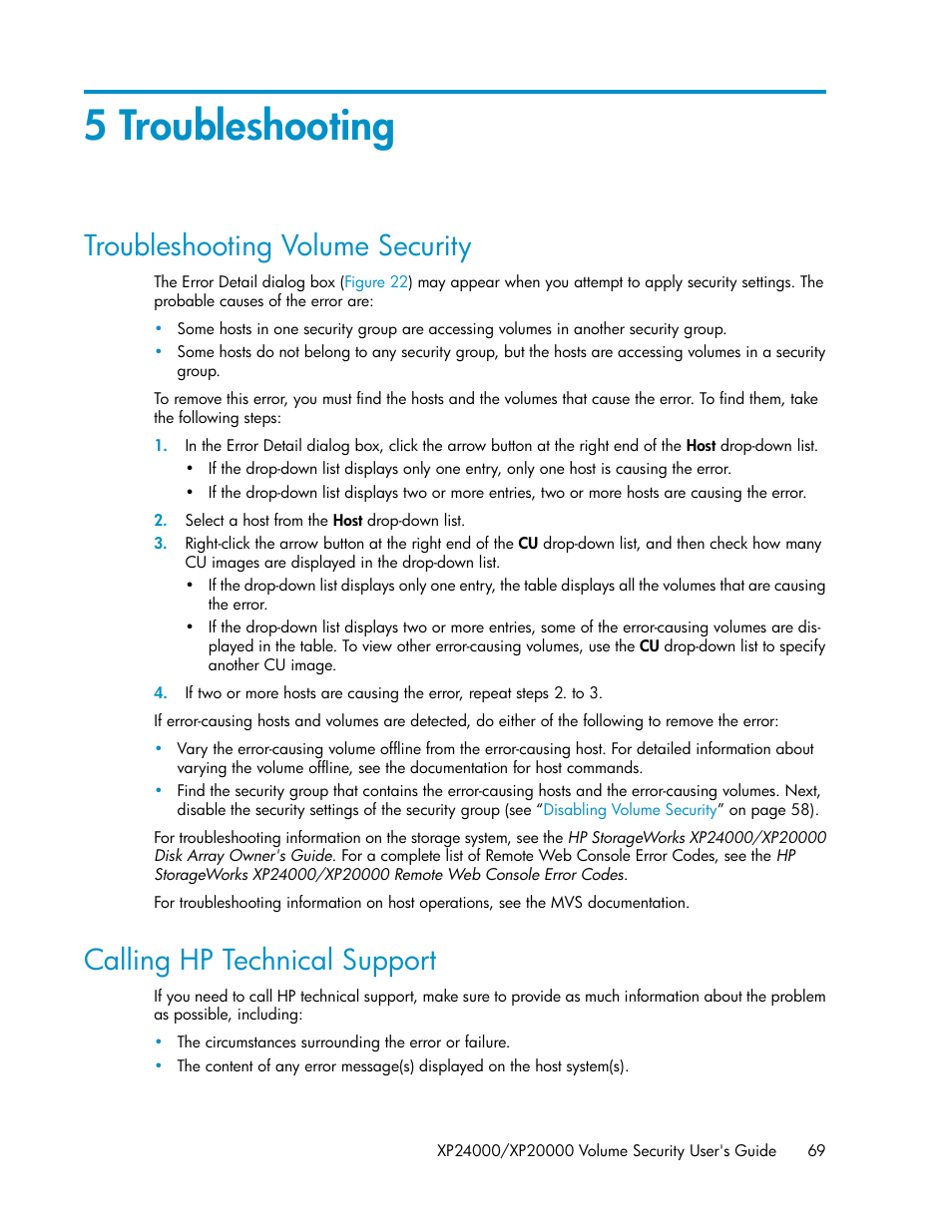 5 troubleshooting, Troubleshooting volume security, Calling hp technical support | 69 calling hp technical support | HP STORAGEWORKS XP24000 User Manual | Page 69 / 76