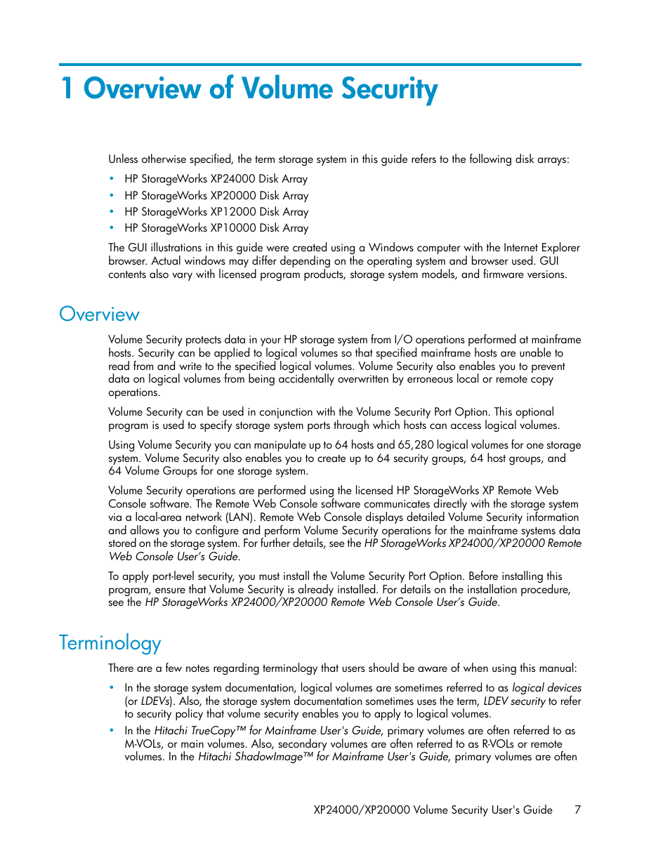 1 overview of volume security, Overview, Terminology | 7 terminology | HP STORAGEWORKS XP24000 User Manual | Page 7 / 76