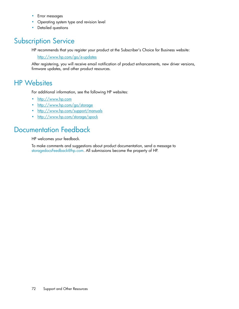 Subscription service, Hp websites, Documentation feedback | 72 hp websites, 72 documentation feedback | HP STORAGEWORKS XP24000 User Manual | Page 72 / 76