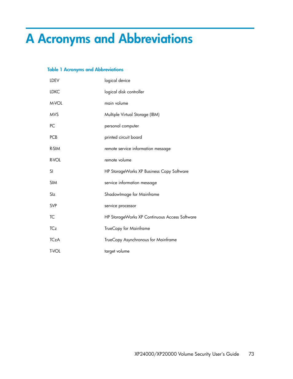 A acronyms and abbreviations | HP STORAGEWORKS XP24000 User Manual | Page 73 / 76