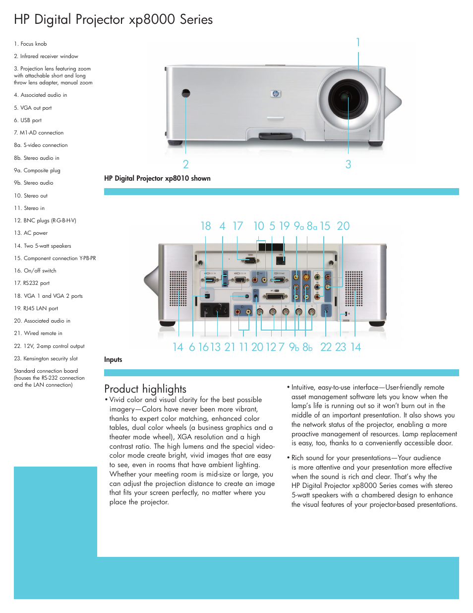 Hp digital projector xp8000 series, Product highlights | HP XP8000 User Manual | Page 2 / 4