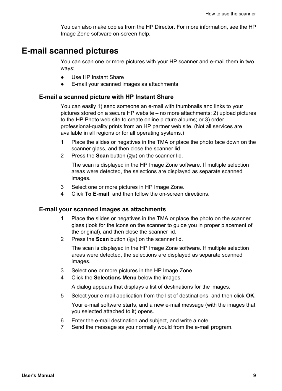 E-mail scanned pictures, E-mail a scanned picture with hp instant share, E-mail your scanned images as attachments | HP 3770 User Manual | Page 13 / 30