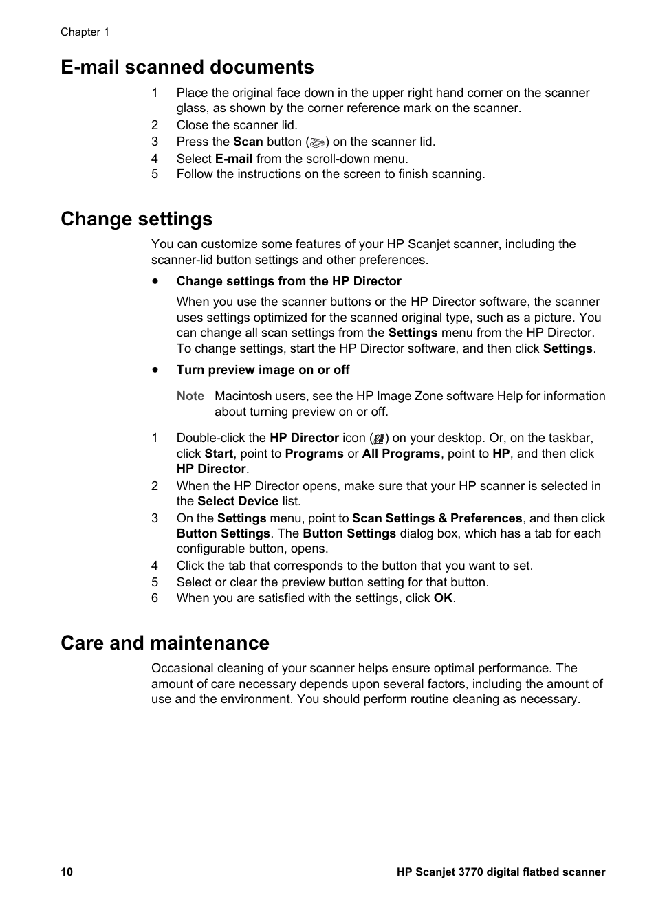 E-mail scanned documents, Change settings, Care and maintenance | HP 3770 User Manual | Page 14 / 30