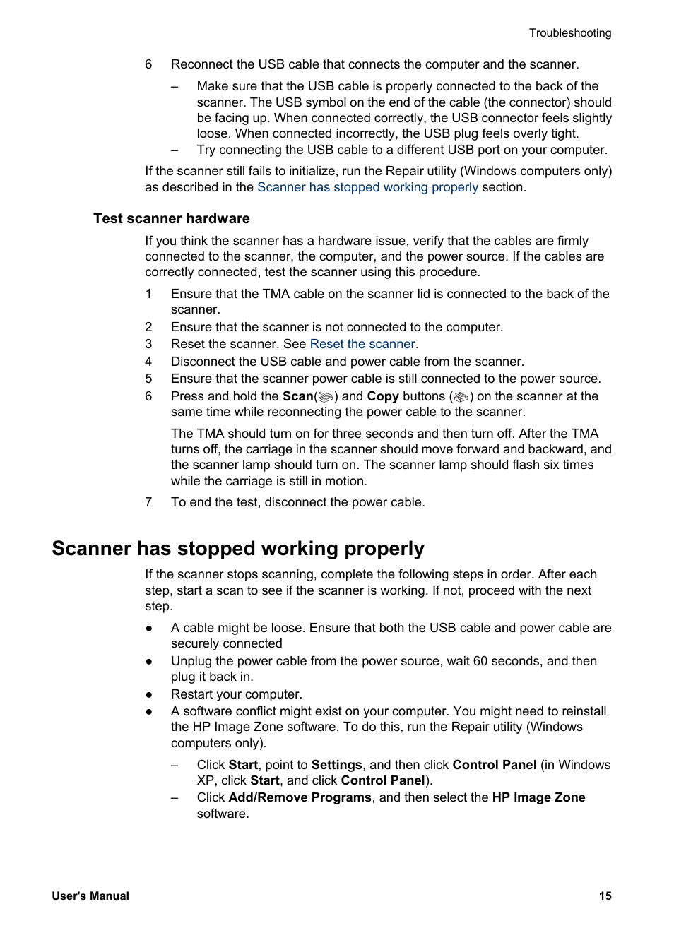 Test scanner hardware, Scanner has stopped working properly | HP 3770 User Manual | Page 19 / 30