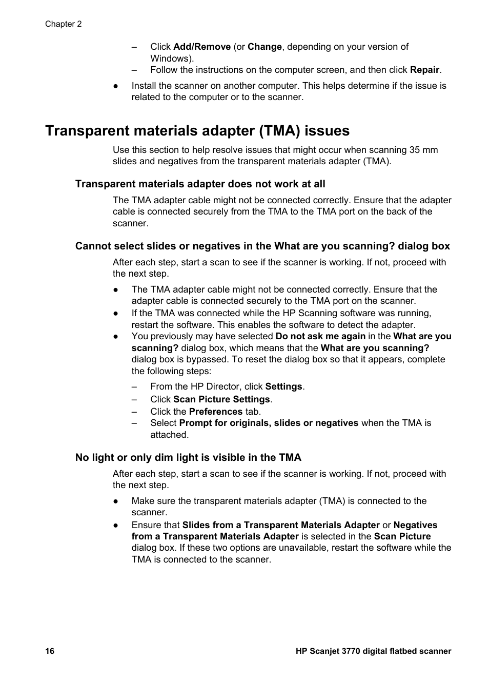 Transparent materials adapter (tma) issues, Transparent materials adapter does not work at all, No light or only dim light is visible in the tma | HP 3770 User Manual | Page 20 / 30